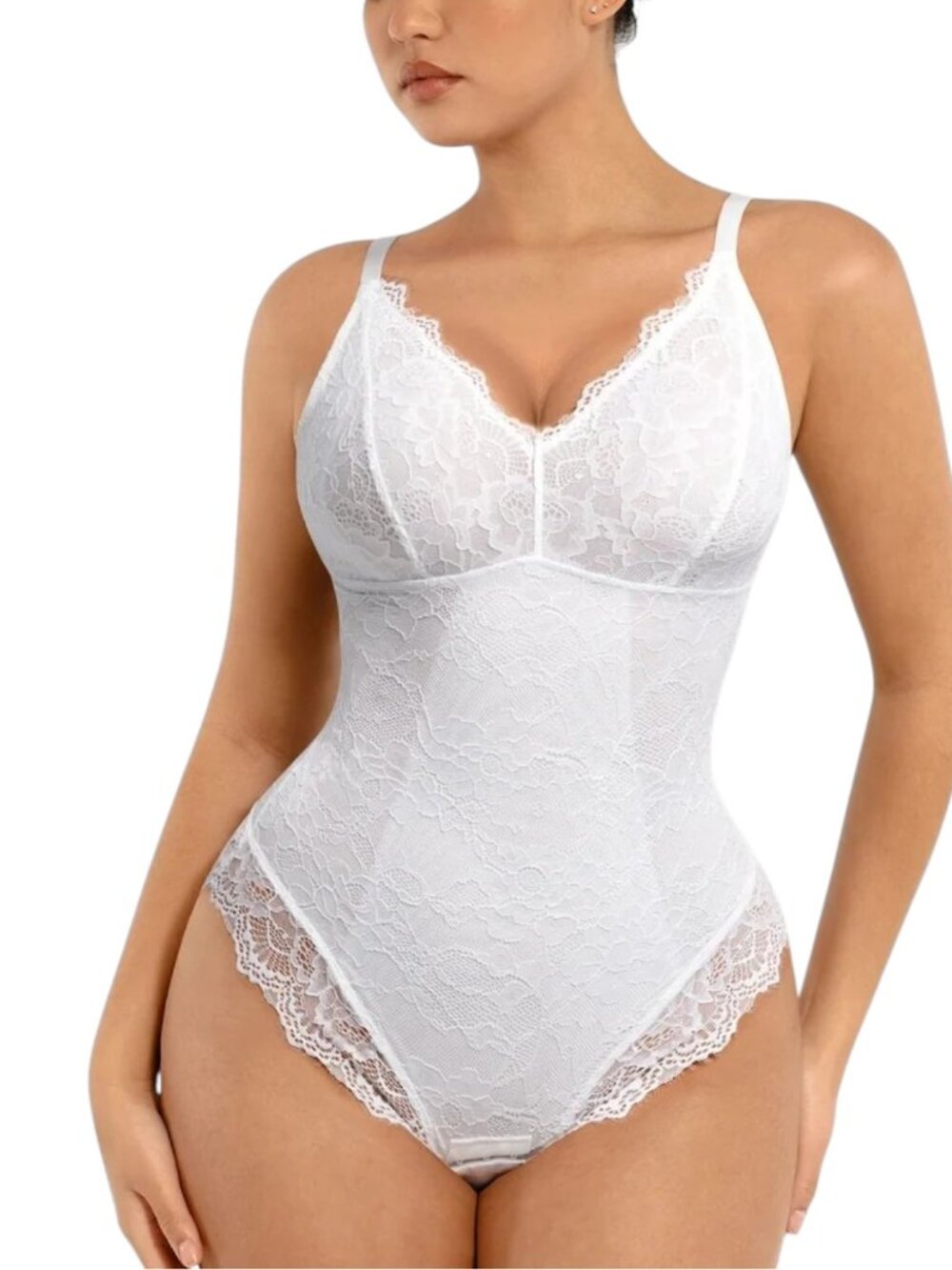 White Floral Lace Mild Compression Bodysuit V Neck Adjustable Straps Size L